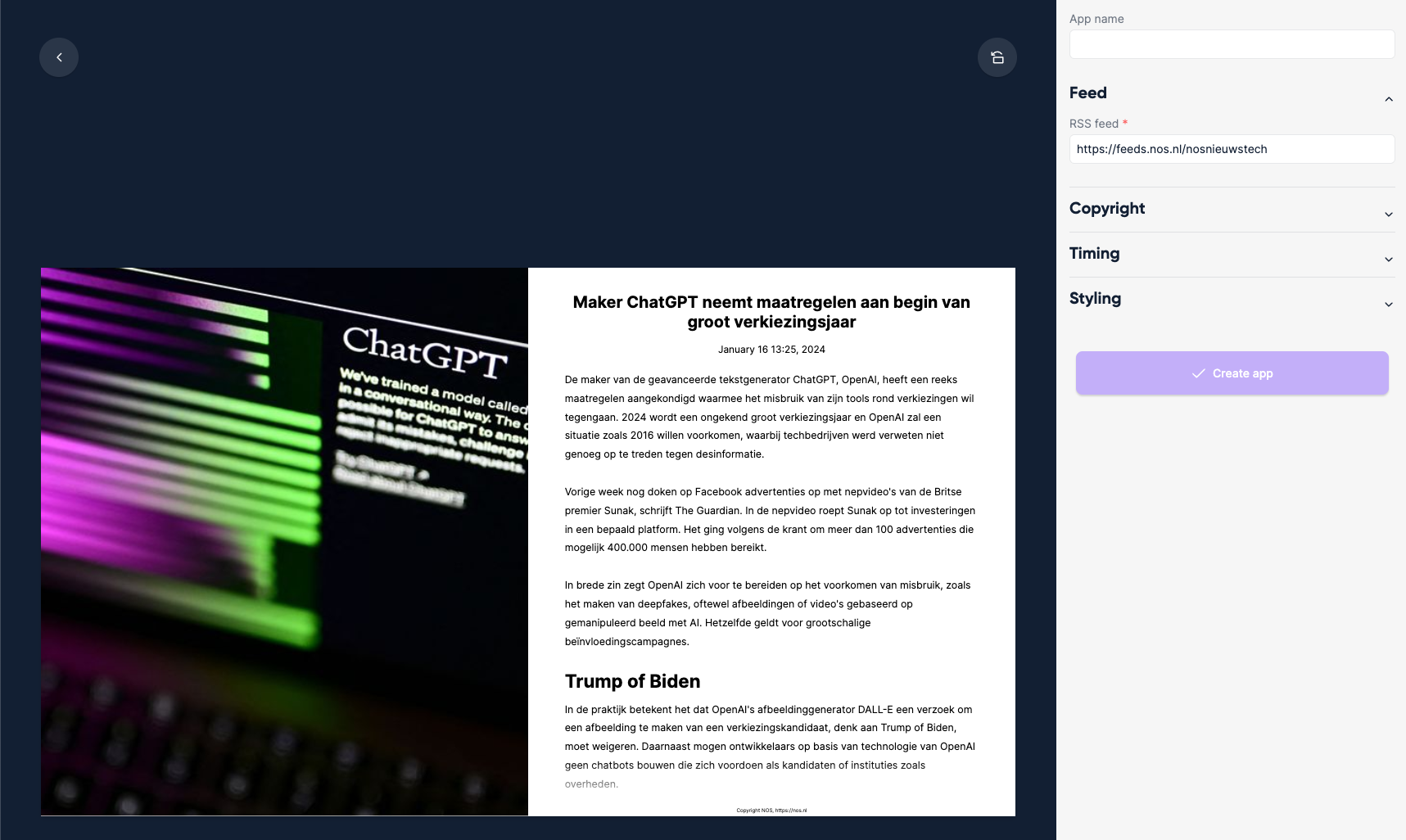 RSS feed app editor