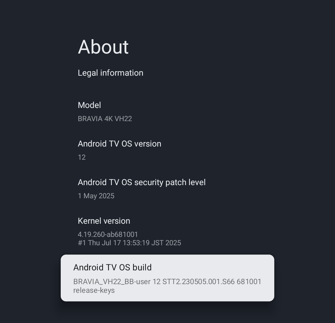 The About screen with Android TV OS build selected