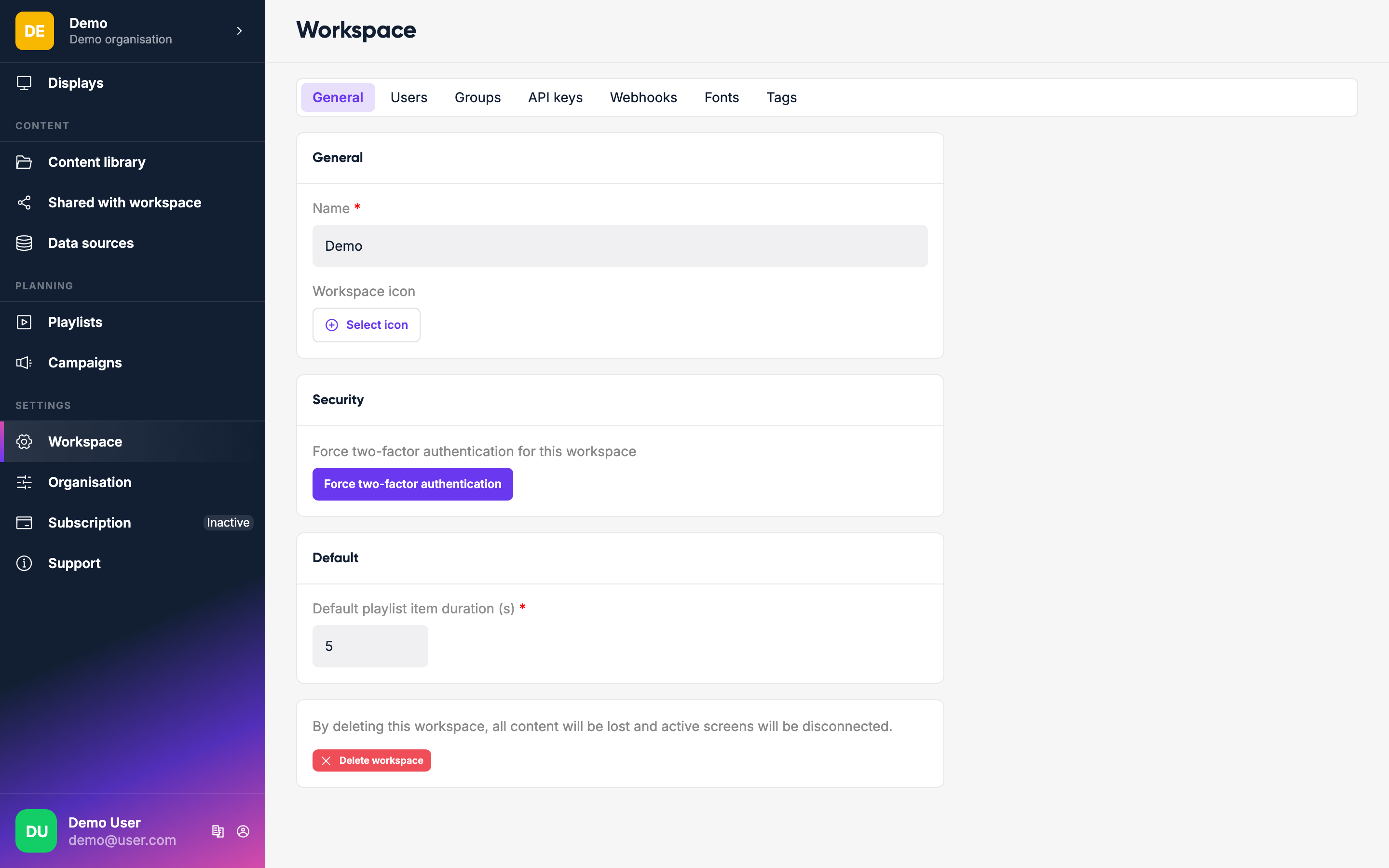 Workspace settings