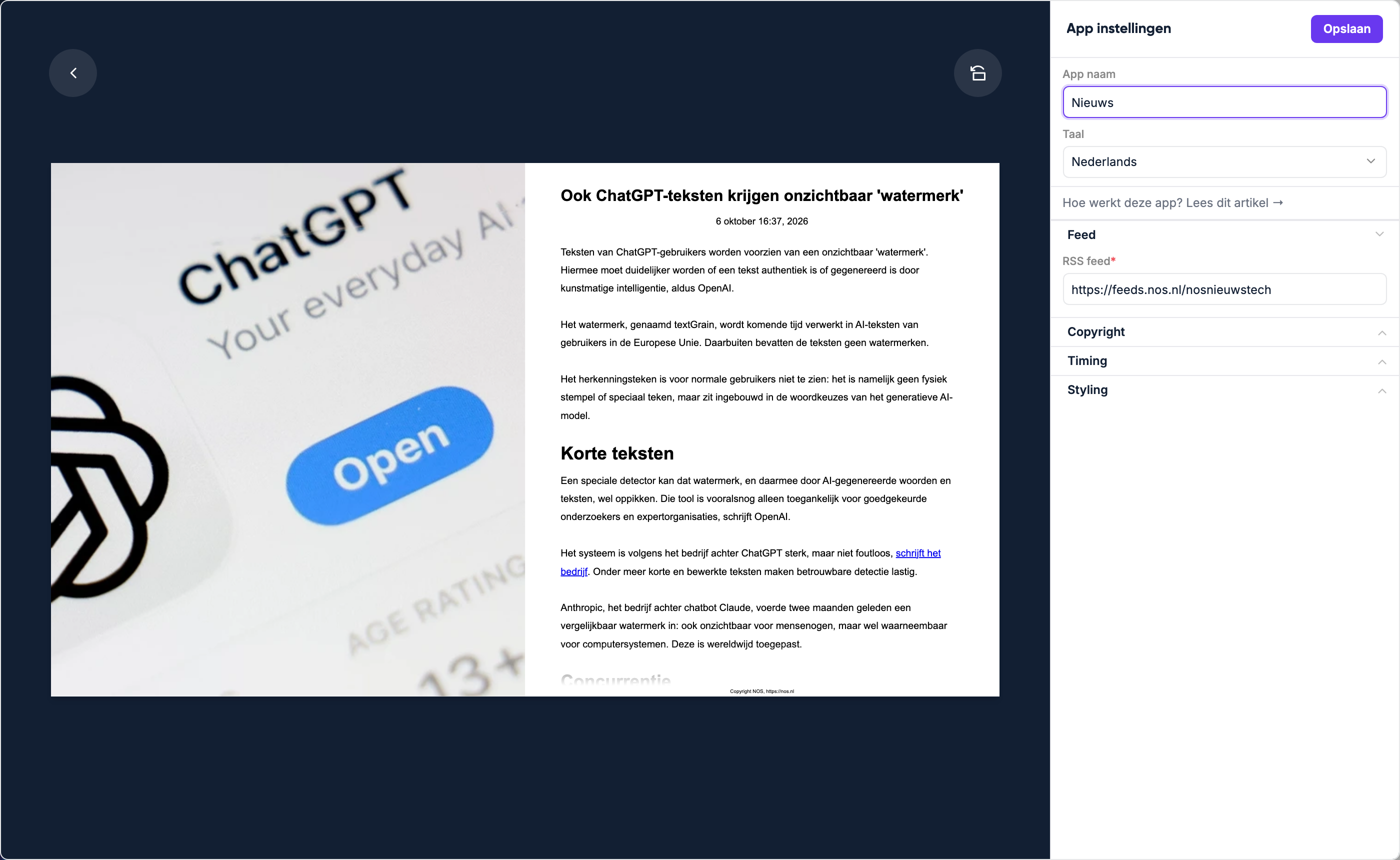 Editor van de RSS-feed-app
